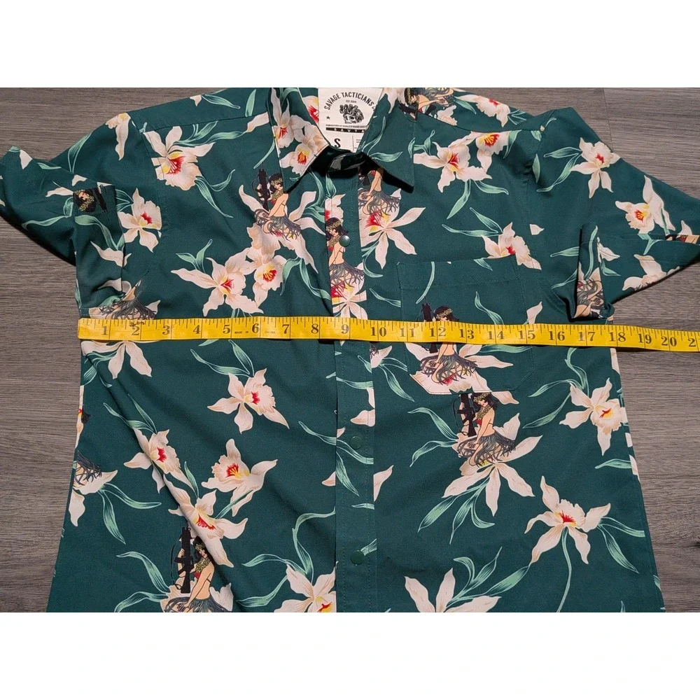 Savage Tacticians Men's Green Hula Girls Guns Floral Hawaiian Shirt‎ Size Small